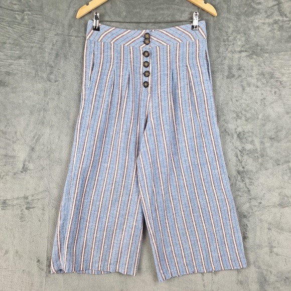 Cali 1850 Pants - Cali 1850 Pants Medium Linen Blend Beach Coastal Wide Leg Striped Resort Cropped